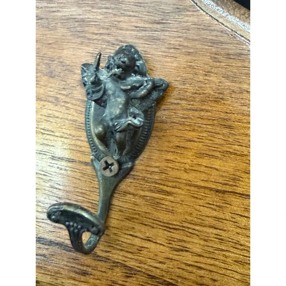 Vintage Brass Cherub Coat Rack 3 Hook Musical Angel Hanger Hollywood Regency 12
